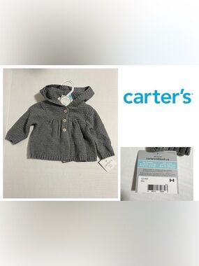 🆕CARTER’S - 6M - NWT - INFANT GIRLS HOODED GREY KNIT CARDIGAN SWEATER